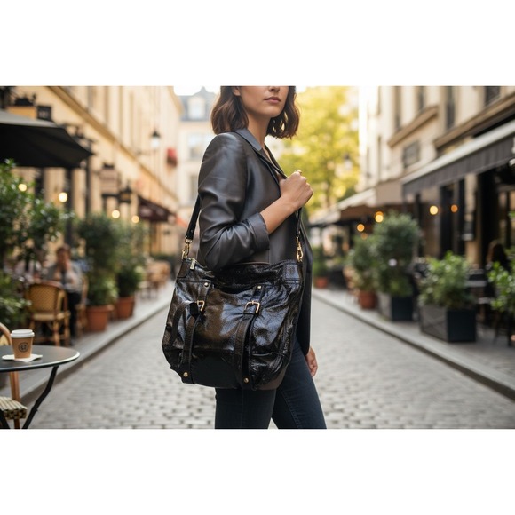 The Sak Handbags - The Sak Hobo Bag Women Large Black Very Good Crinkled Patent Leather Buckle